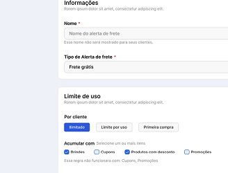 Formulário de configuração de alerta de frete grátis com opções de nome, tipo, limite de uso e regras de acumulação, do Cashing.
